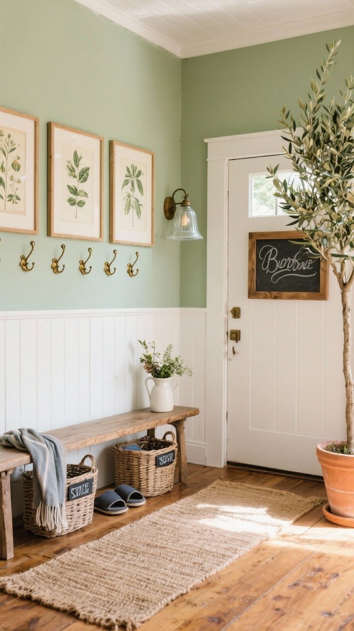 Wide room shot, straight-on view: A sunlit cottage entryway with soft sage green walls above a white beadboard half-wall, a natural jute runner on warm wood floors, and a salvaged pine bench beneath a row of antique brass hooks. Under the bench, two wicker baskets labeled for scarves and slippers. Above the bench, a vintage botanical print gallery in thin wood frames. To one side, a tall olive tree in a terracotta pot; on the bench, a small pitcher of fresh clippings. A bell-shaped milk-glass sconce casts gentle light, and a barnwood-framed handwritten chalkboard greeting hangs near the door. Airy, practical, old-world vibe, photorealistic, soft morning light.