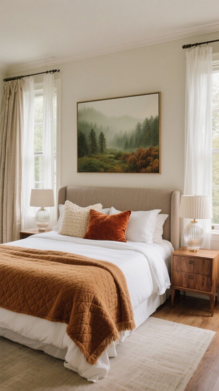 Wide, serene bedroom scene: crisp white linen sheets, camel wool blanket, and a cinnamon quilt folded at the foot of the bed. Soft taupe upholstered headboard, flanked by oak nightstands with ribbed glass lamps casting a gentle glow. Pillow mix of ivory, rust velvet, and a nubby boucle lumbar. One oversized landscape artwork in foggy greens and browns above the headboard. Windows dressed with sheer white curtains layered under heavier flax panels. Creamy walls, hotel-luxe autumnal vibe, photorealistic.
