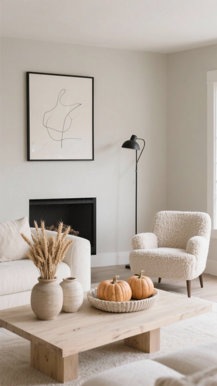 Wide shot, airy minimal: Neutral living room with soft greige walls, a creamy sectional, and a pale oak coffee table. Tone-on-tone styling with dried wheat bundles in ceramic crocks, linen pumpkins, and a fluted travertine tray arranged in balanced groups of three. A boucle accent chair adds texture; a slim black art light illuminates a simple line drawing above a minimal mantel. Palette of greige, oat, sand, and matte black; textures of boucle, linen, travertine, and oak. Soft natural light, uncluttered, photorealistic.