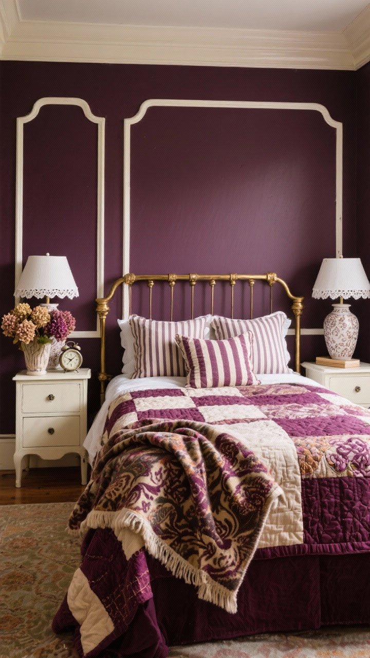 Wide shot: Blackberry Jam guest room painted in blackberry plum with milk-white trim; brass bed piled with quilts in berry tones, paisley wool blanket folded at the foot, embroidered pillowcases; striped bedside tables painted in cream with twin ceramic lamps casting warm-white light; dried hydrangeas in a vase, vintage alarm clock, lace-trimmed lampshades; cozy, rich late-summer ambiance.