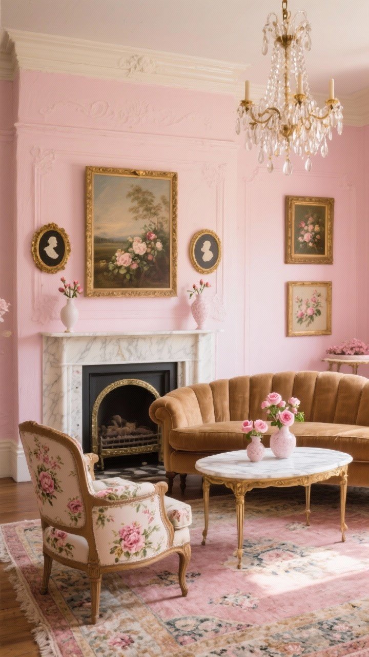 Wide shot: Blushed Rose parlor in tea-rose pink, mushroom taupe, and soft ivory with plaster walls; painted mantel layered with gilt frames; camel velvet sofa paired with floral chintz chairs around a marble-topped side table; worn Persian rug tying rosy tones; rosebud vases, cameo silhouettes, floral oil paintings; crystal drop chandelier adding subtle sparkle; golden-hour glow.