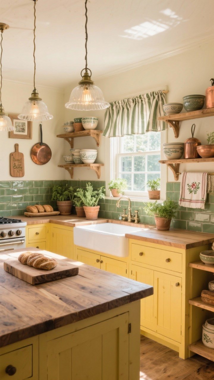 Wide shot: Butter & sage country kitchen with butter-yellow cabinetry, sage tile backsplash, and cream plaster walls; butcher-block countertops, oversized farmhouse sink, open pine shelving stacked with vintage stoneware bowls, copper pots, and embroidered tea towels; striped cafe curtain at the window; herb pots and a breadboard gallery as accents; milk-glass pendants glowing over the island; morning sun spilling across the space; photorealistic.