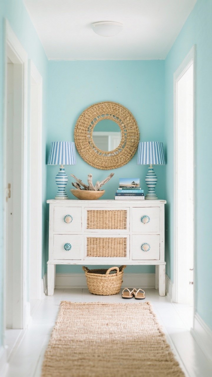 Wide shot, coastal hallway: a whitewashed dresser with cane-front drawers and ceramic shell pulls set against walls in sea-glass blue; a woven seagrass mirror above, paired blue-and-white striped lamps flanking a bowl of driftwood and a stack of coastal photography books; natural fiber runner underfoot and a basket tucked below for flip-flops; bright, breezy beach-house light.