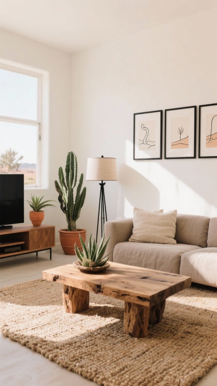Wide shot, Desert Modern Living Room: a sun-washed living room with creamy white walls and abundant natural light; taupe/sand-colored sofa with linen cushions sits on a chunky jute rug; rough-hewn raw wood coffee table centered; matte black metal floor lamp with a linen drum shade; plants include a tall ZZ plant in the corner, a snake plant in a terracotta pot by the media console, and a cluster of aloe and haworthia on the coffee table; gallery wall of minimal desert line art in matte black frames; palette of sand, terracotta, cream with matte black accents; textures of jute, clay, raw wood, and linen; photorealistic, calm desert-modern mood, straight-on perspective.