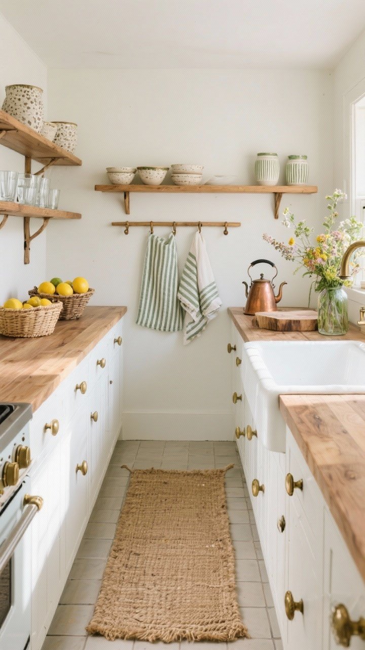 Wide shot, galley perspective: A market-fresh modern-meets-hearth kitchen with flat-front white cabinets and aged brass pulls, butcher-block countertops, and a white apron-front sink. Open oak shelves display speckled stoneware, ribbed glass tumblers, and a vintage copper kettle. A striped jute runner warms the narrow tile floor. Color story reads cream, warm oak, and soft olive accents. Pinstripe linen tea towels hang from a wooden peg rail. Baskets of lemons and a loose, seasonal vase of wildflowers add organic touches. Bright natural light, no people.