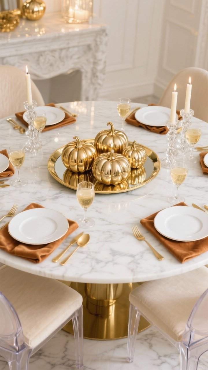 Wide shot, Golden Gourd Glam: Round marble (or glossy white) table with a gold mirrored tray centerpiece displaying metallic pumpkins in gold and champagne, flanked by crystal candlesticks with ivory tapers. White porcelain plates, gold flatware, rimmed coupe glasses, and velvet napkins in caramel or burnt sienna. Chairs are acrylic ghost or cream velvet. Palette of white, gold, champagne, caramel. Sparkling, elegant lighting with candle reflections. Photorealistic.