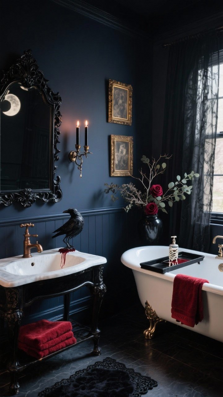 Wide shot — Gothic Manor Powder Room: A moody, photorealistic bathroom with deep midnight navy walls, an ornate black-framed mirror above a vintage vanity, drip-style black taper candles flickering in candle sconces casting a soft, eerie glow. A white clawfoot tub with black bath tray holds a skeletal hand soap dispenser and blood-red towels folded nearby. Sheer black window curtain creates a shadowy, moonlit vibe. Accents include antique-style gold frames on the wall, a raven figurine on the vanity, oil-rubbed bronze faucets, and a velvet bath mat with lace hand towels. Matte metal finishes throughout, subtle dry floral arrangement of black eucalyptus, burgundy roses, and wispy branches in a dark vase. Shot from a corner angle to capture tub, mirror, and window.