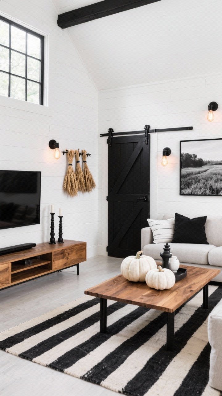 Wide shot, graphic minimal: Black-and-white barn chic living room with crisp white walls, black grid windows, and a barn-door media console in warm natural oak. Tight monochrome palette with subtle tan hints. Black candlesticks, white ceramic pumpkins, and a bold black-and-white striped rug define the space. Leather strap wall hooks display hanging wheat bundles for dimension. Modern black sconces with warm Edison bulbs and oversized black-and-white landscape photography complete the scene. Photorealistic, no people.