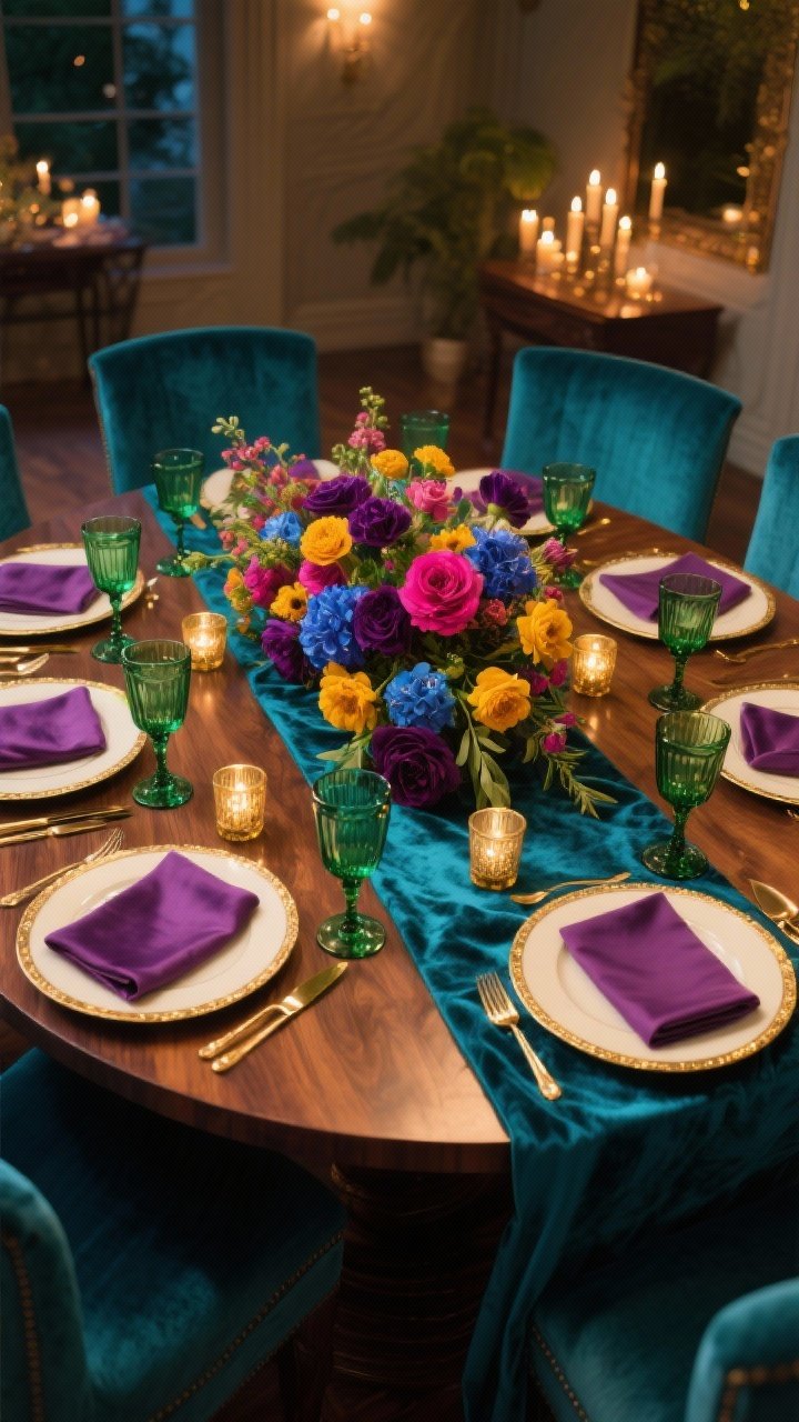 Wide shot, Jewel-Tone Feast: Warm walnut round table draped with a deep teal velvet runner. Low floral arrangement bursting with jewel-tone blooms—aubergine, fuchsia, sapphire, and marigold. Emerald glass goblets, cream plates with gold rims, plum linen napkins, and scattered tiny brass votives for sparkle. Velvet or rich linen upholstered chairs. Palette of teal, plum, marigold, emerald, gold. Evening glow with layered candlelight. Photorealistic.