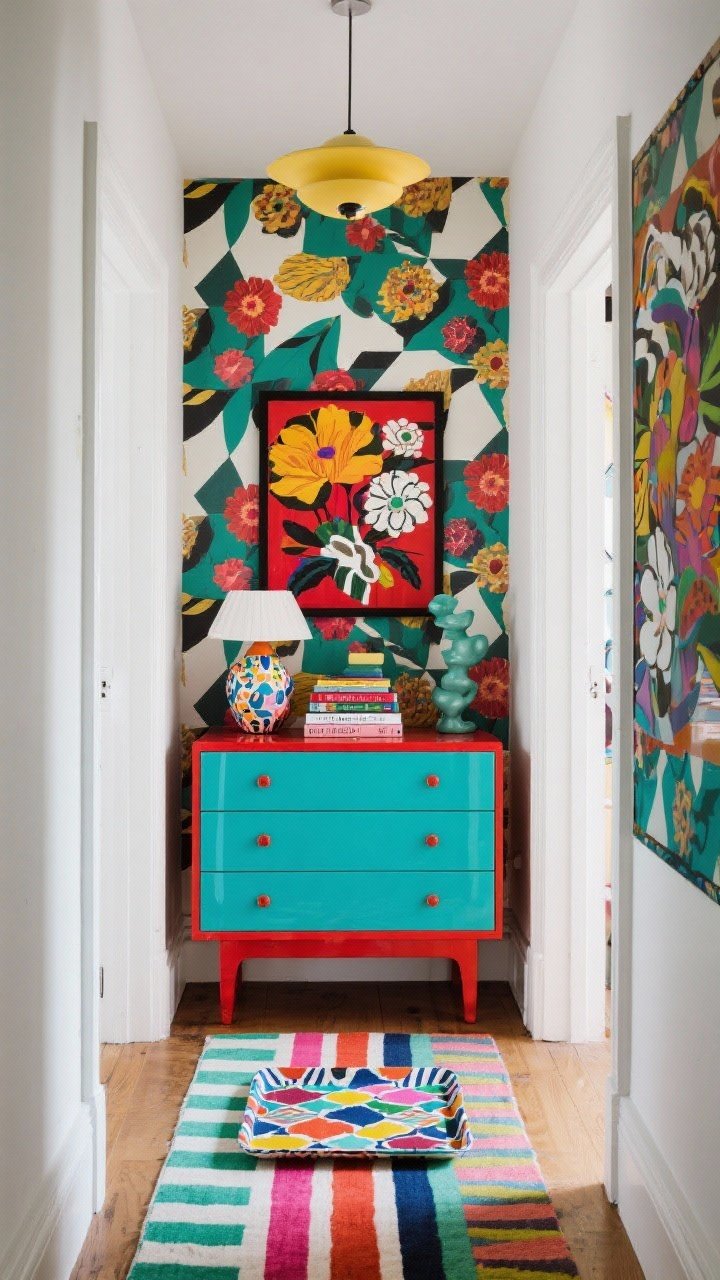 Wide shot, maximalist hallway: a bold lacquered dresser in electric teal (or tomato red) against a feature wall with oversized floral or graphic geometric patterned wallpaper; quirky oversized art centered above; top styled with a playful ceramic lamp, a stack of loud coffee table books, and a standout sculpture; striped runner and a clashing patterned tray, vibrant color-pop lighting.