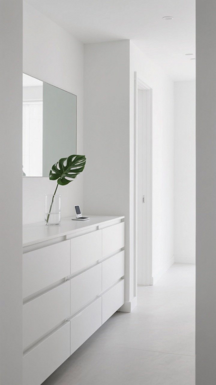 Wide shot, minimalist monochrome hallway: a handleless white dresser with push-to-open drawers, walls/trim/runner all in layered whites and soft grays for a seamless look; almost bare top with a clear glass vase holding a single monstera leaf and a slim wireless charger; frameless mirror above blending into the wall; bright, even natural light for a pristine feel.