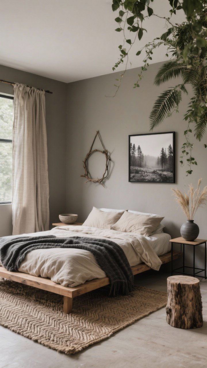 Wide shot, Misty Woodland Retreat with earthy neutrals: mushroom gray walls, low natural oak platform bed dressed in oatmeal linen sheets, charcoal wool blanket, and an alpaca throw; unlined flax curtains puddling slightly at the floor; flatweave jute rug in subtle herringbone; minimal decor: twig frame, stoneware bowls, matte vase with dried grasses; stump nightstands (one side) and slim black metal nightstand (other side); monochrome landscape photos in black frames; ferns and trailing ivy adding greenery. Photorealistic, calm, grounded, soft diffused daylight.