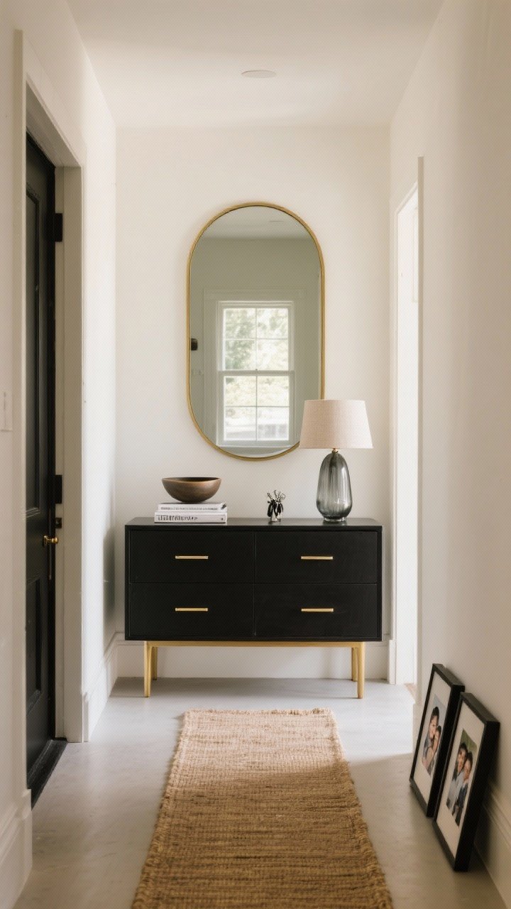 Wide shot, modern entry hallway: a low matte-black dresser with slim brass pulls against a warm white wall, an oversized thin-framed arched brass mirror centered above reflecting daylight from a nearby window, top styled with a sculptural ceramic bowl for keys, a small stack of design books, and a smoky glass lamp with a linen shade; a narrow jute runner along the floor and two black-and-brass framed family photos leaning for a crisp, dramatic, photorealistic look.