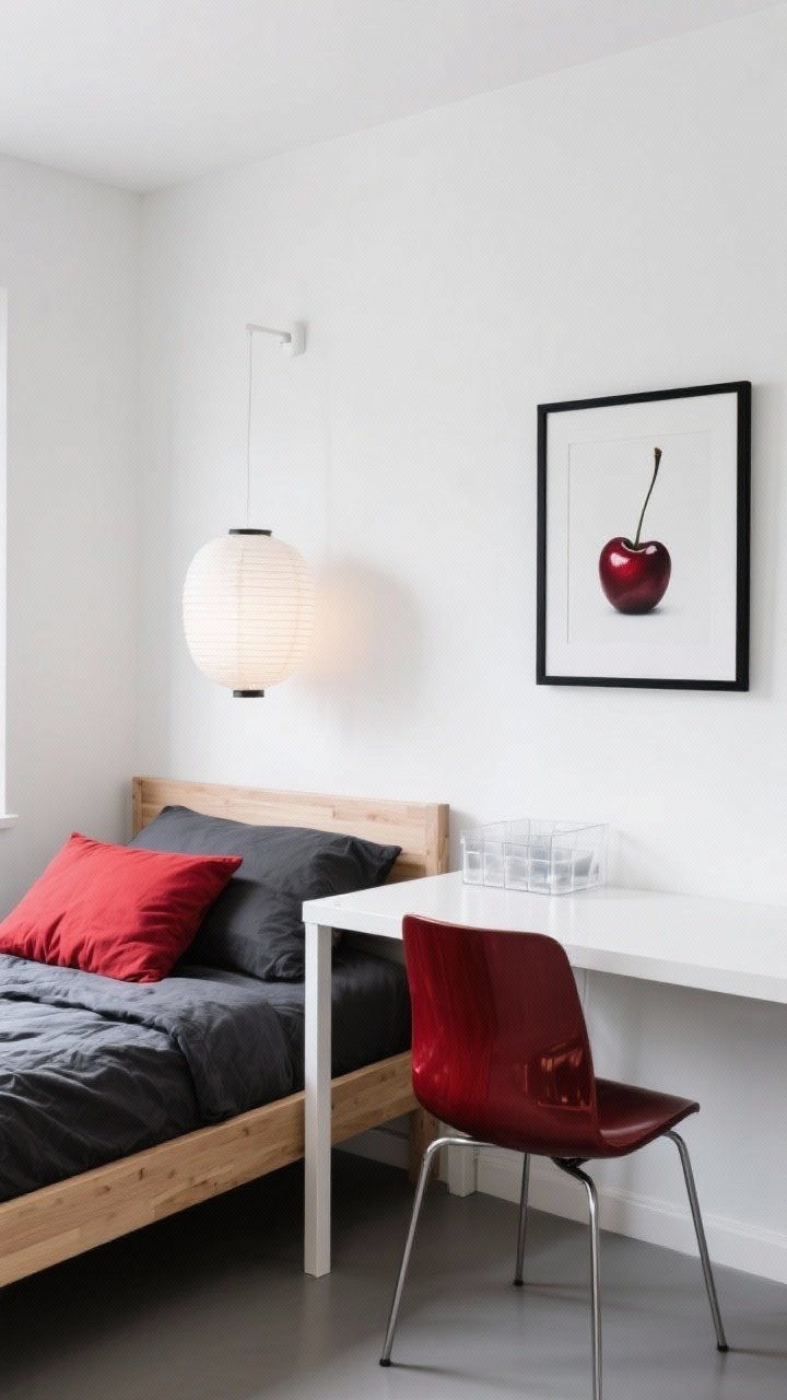 Wide shot, modern monochrome dorm bedroom: white walls, light oak bed frame with charcoal bedding and a cherry red duvet folded at the foot, a single cherry throw pillow, glossy cherry desk chair at a sleek white desk; minimal clutter with a clear acrylic organizer, a black-framed cherry print on the wall, paper lantern casting soft ambient light; materials: cotton percale, matte ceramic accents, lacquered metal; clean, gallery-like composition, straight-on view, photorealistic.