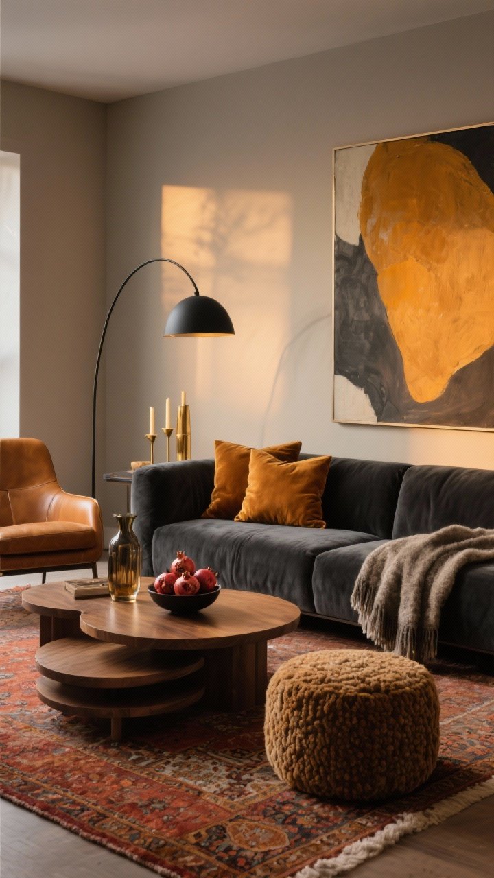 Wide shot, moody contemporary condo living room at golden hour: charcoal sectional with amber velvet pillows, honey leather accent chair, warm greige walls, low-pile Persian-style rug with rust and cognac threads, walnut nesting coffee tables stacked, matte-black arc lamp curving over seating. Accents include brass candleholders, smoked glass vases, a bowl of pomegranates on the table. Texture mix of velvet, leather, wool throw, and a boucle pouf. Large oversized abstract art in ochre and slate tones above the sofa. Soft, warm ambient lighting, photorealistic, no people.