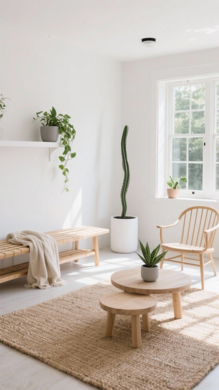 Wide shot, Scandi sunroom with breezy neutrals: afternoon natural light flooding a space with white walls; blonde wood slatted bench with a soft oatmeal linen throw; woven jute rug catching sunlight; spindle-back accent chair; minimal nesting coffee tables (pale oak); matte white cylinder pot with a tall Snake Plant anchoring the corner; low round coffee table with a ZZ Plant in a pale gray planter; white floating wall shelf with a trailing Pothos spilling gently; matte, minimal planters; palette of whites, sand, pale oak, touches of charcoal; calm, airy mood, photorealistic.
