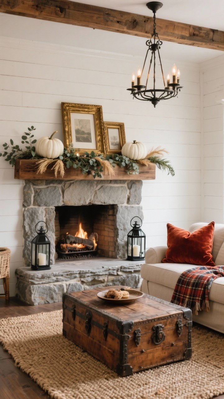 Wide shot, straight-on: A classic farmhouse living room with a creamy white shiplap wall and a chunky reclaimed wood mantel framing a substantial stone fireplace. Weathered trunk coffee table on a woven jute rug, rust velvet pillows and a plaid throw on a neutral sofa. Mantel styled with leaning antique brass frames, white pumpkins, and a eucalyptus-and-wheat garland draped softly. Black metal lanterns on the hearth and a wrought-iron chandelier overhead. Palette of cream, stone gray, rust, and warm walnut; textures of jute, stone, velvet, and aged wood. Warm evening lighting for cozy glow, no people, photorealistic.