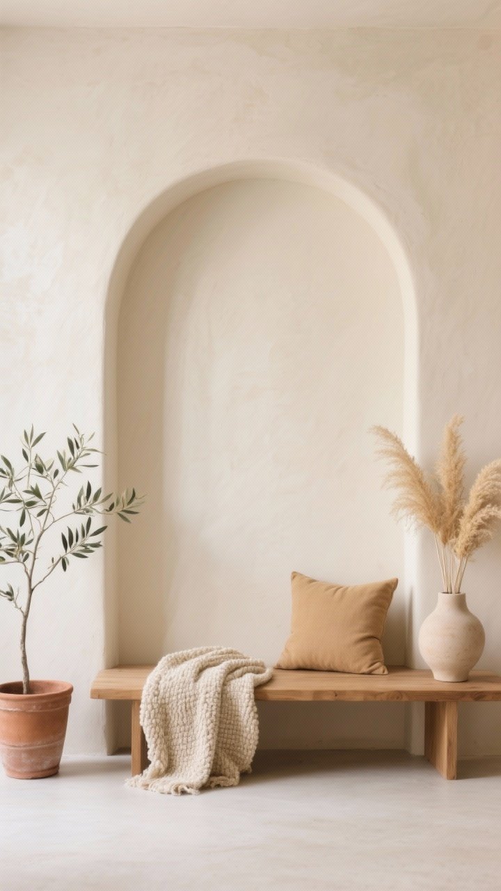 Wide shot, straight-on: A freestanding arch panel painted creamy beige as the backdrop; a low-profile oak bench in front with a folded boucle throw and a single wheat-colored cushion; on the left, a tall terra-cotta pot with olive branches; on the right, a minimal paper mâché vase with dried pampas; airy, editorial vibe with asymmetrical decor for depth; color palette sand, ivory, wheat, terra-cotta; textures of boucle, plaster, matte ceramics; soft neutral daylight.