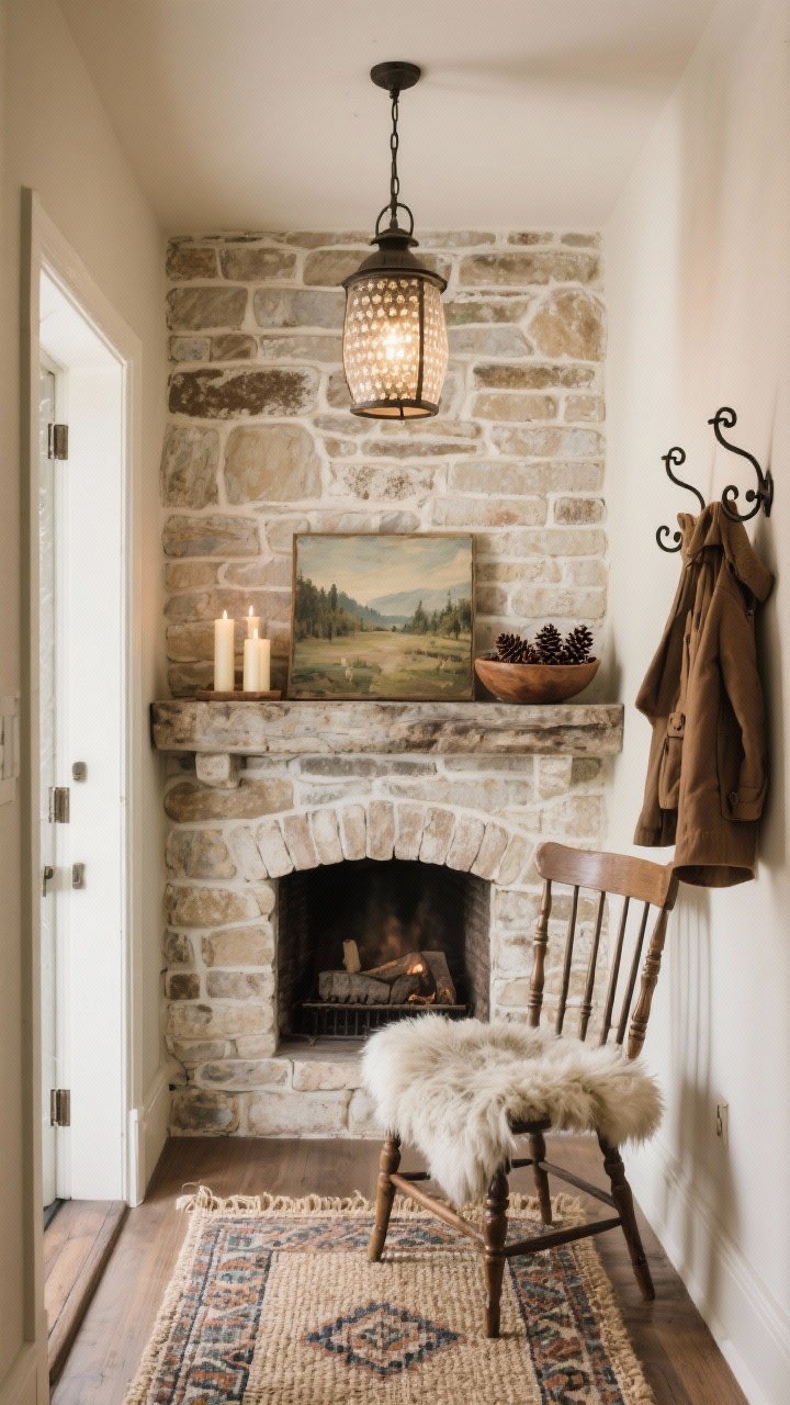 Wide shot, straight-on focal wall: A cozy entry alcove featuring a faux stacked stone (or limewashed brick) feature wall against soft oatmeal walls. Centered on the stone, a salvaged mantel shelf styled with taper candles, a raw-edged landscape painting leaning casually, and a wooden bowl of pinecones. On the floor, a wool kilim layered over a sisal base. Wrought-iron hooks with curled ends line one side for coats, and a sturdy spindle-back chair draped with a sheepskin sits nearby. Overhead, a lantern-style pendant with seeded glass glows warmly. Ancient-texture, hearth-like mood, photorealistic.