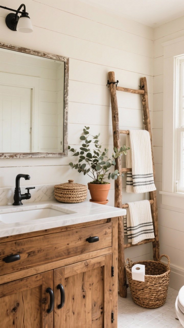 Wide shot, straight-on view: A rustic harvest-inspired bathroom with creamy shiplap walls, a natural oak wood vanity with matte black hardware, and a slightly weathered rectangular mirror mounted with black iron brackets. Layered cream-on-cream ribbed towels and a striped Turkish hand towel hang from a small wooden ladder leaning beside the vanity. Terracotta planters with eucalyptus sit on the vanity and windowsill, and a woven lidded basket for extra toilet paper rests near the base of the vanity. Color palette: cream, caramel brown wood, matte black, terracotta. Textures: rough-hewn wood, woven basket, ribbed towels. Soft warm white lighting; no people.