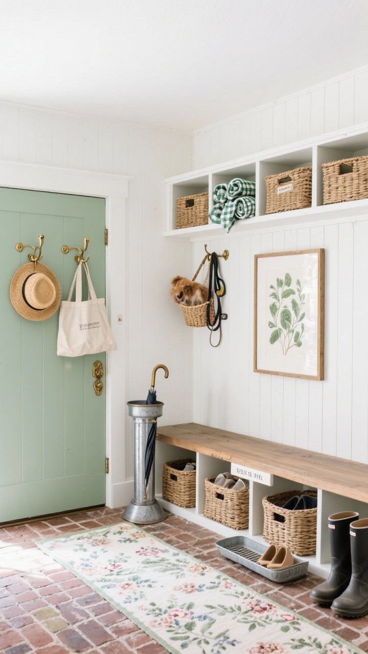 Wide shot, straight-on view of a breezy mudroom wrapped in milk-white beadboard with a soft sage-green door; antique brass hooks holding straw hats and canvas totes, a built-in bench with labeled willow baskets for shoes, open cubbies above displaying rolled gingham scarves and a basket of dog leashes; floral runner softening a brick floor; a framed botanical print on the wall; storage heroes visible: woven bins, a galvanized metal umbrella stand, and a boot tray; color palette soft white, sage, oatmeal, aged brass; fresh, functional, guest-ready mood; natural daylight.