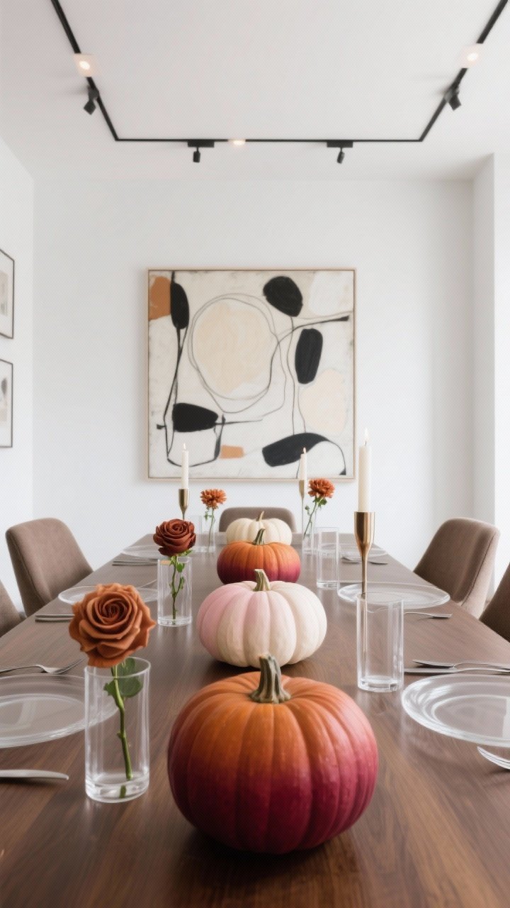 Wide, straight-on dining scene: Contemporary gallery-style dining with white walls showcasing oversized abstract art, a sleek walnut table, and taupe upholstered chairs. Down the table center, pumpkins painted in a warm ombre gradient—from deep burgundy to soft blush to ivory—lined like a color story. Low clear glass cylinders each hold a single stem of toffee roses and rust chrysanthemums. Minimalist flatware, thin glass chargers, sculptural candleholders. Bright, even gallery lighting, curated and chic, photorealistic, no people.