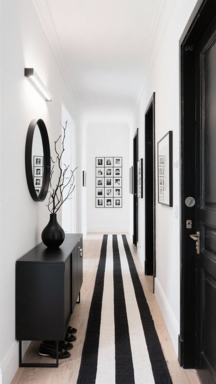 Wide, straight-on photorealistic entrance with crisp white walls, matte black trim, and a slim black console; a black-framed round mirror centered above, a tight grid of black-and-white photography running down the hallway, a narrow black-and-white striped runner on the floor, a matte black vase with sculptural branches on the console, and a hidden shoe cabinet flush to the wall; bright gallery-style lighting, art gallery meets townhouse elegance.