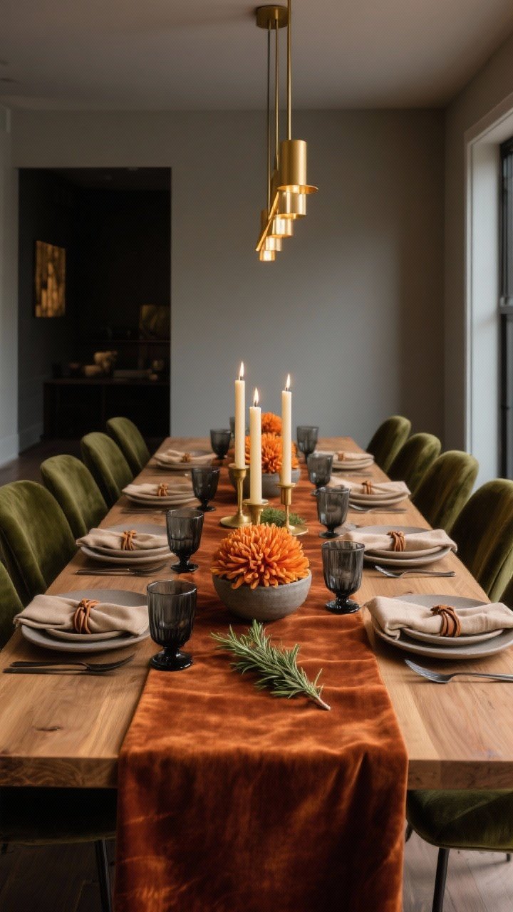 Wide, straight-on shot of a modern harvest dining room: a long natural oak table with a rust-and-amber velvet table runner puddling at the ends, brass taper candleholders with tall cream candles, low bowls of burnt orange chrysanthemums, deep olive velvet upholstered chairs, matte black flatware, smoky gray glassware, stoneware plates in warm sand with linen napkins tied by thin leather cord and a sprig of rosemary, all under a sleek linear brass chandelier dimmed low to make the velvet glow; photorealistic, evening ambience.