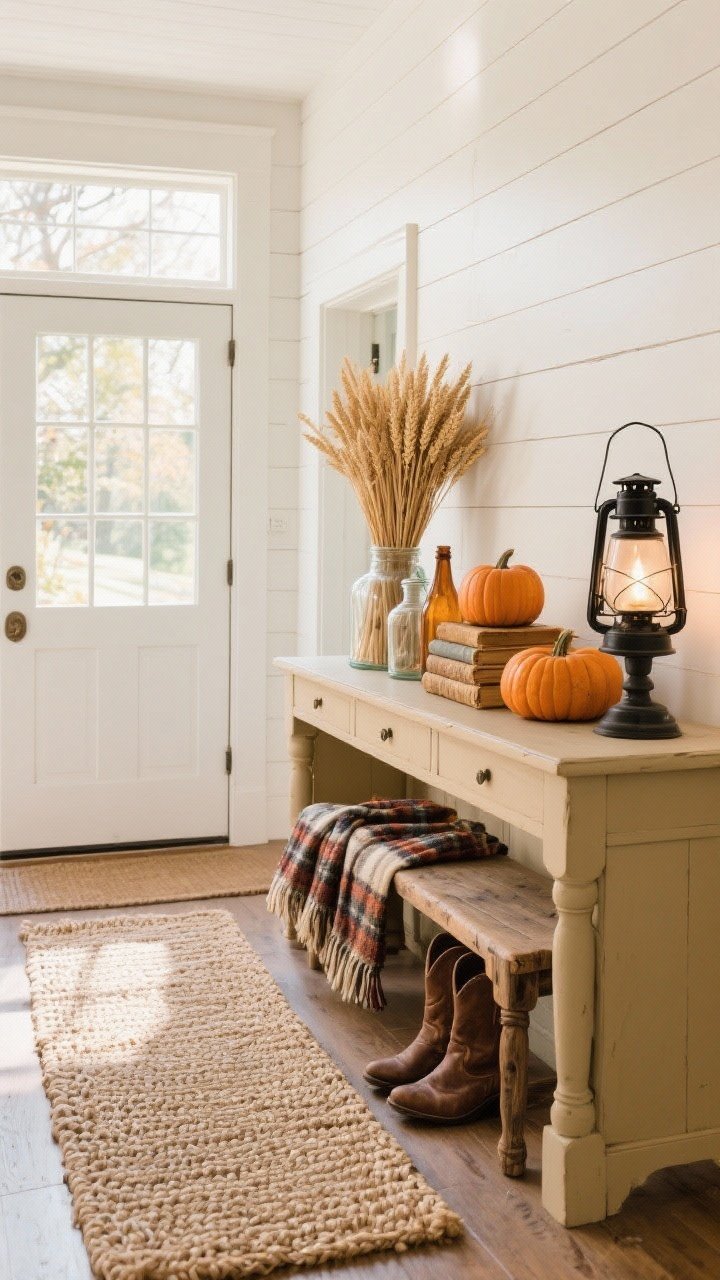 Wide, straight-on view of a farmhouse entryway with a white shiplap backdrop and a wheat-colored console table topped with vintage glass jars; a chunky woven runner leads to a rustic bench holding plaid scarves and leather boots; console styled with amber bottles, bundles of dried wheat, a stack of worn cookbooks, a trio of heirloom pumpkins, and a black iron lantern casting a warm farmhouse glow; natural afternoon light, photorealistic, cozy harvest palette.