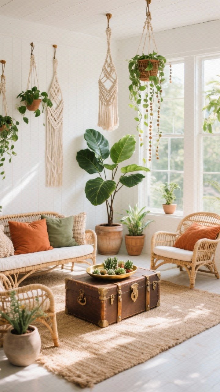 Wide, sun-drenched Boho Sunroom Oasis with whitewashed walls and floor-to-ceiling light; woven rattan lounge chairs layered with textured pillows in terracotta and sage on a large jute rug; a vintage trunk used as a low coffee table topped with a brass tray and a cluster of tiny succulents; macramé plant hangers from ceiling hooks holding hanging pothos and string of pearls cascading down; tall fiddle leaf fig and rubber plant anchoring the corners in natural wood and matte ceramic planters; warm whites, terracotta, sage, and natural wood palette; airy, relaxed mood, no people, photorealistic.