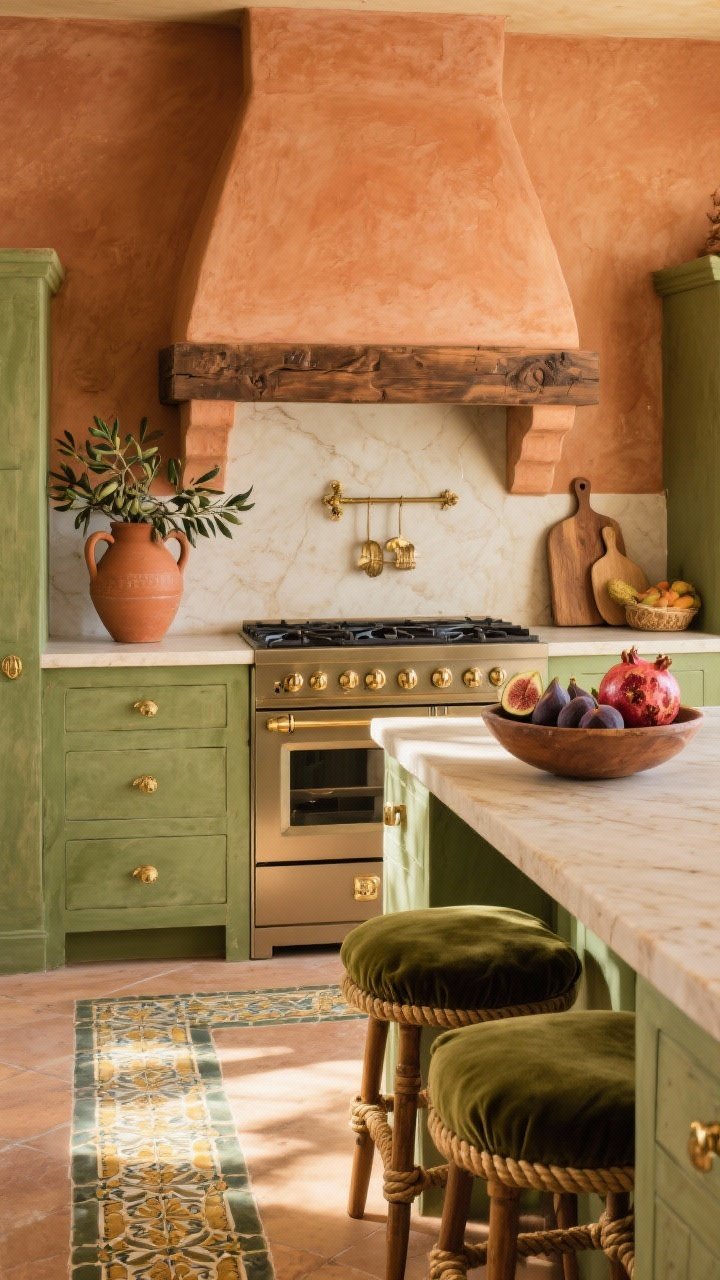 Wide Tuscan harvest kitchen scene with a palette of sun-baked ochre, olive green, and terracotta; faux plaster range hood with wooden corbel; countertops in honed limestone or creamy quartz; terracotta amphora filled with olive branches; rustic cutting boards; bowl of figs and pomegranates; Sicilian tile runner on the floor; antiqued brass hardware with rope detail; olive velvet cushions on counter stools; golden afternoon light.