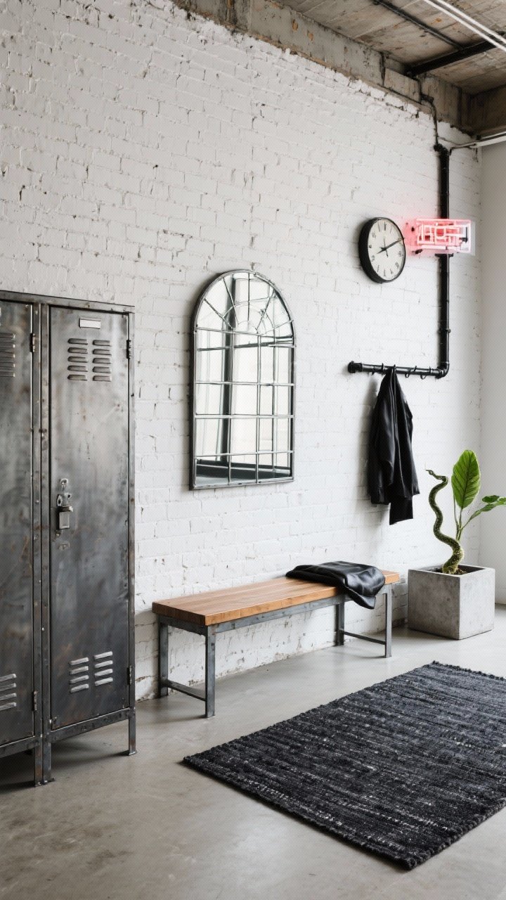 Wide urban industrial scene: a steel grid mirror above a low metal locker bench against a soft white-painted brick wall (real or veneer). A black pipe coat rack mounted nearby, a concrete planter with a snake plant, and a flatweave charcoal rug underfoot. Add a neon sign or vintage factory clock for attitude. Materials: metal, leather, concrete, rough wood. Cool daylight with slight grit.