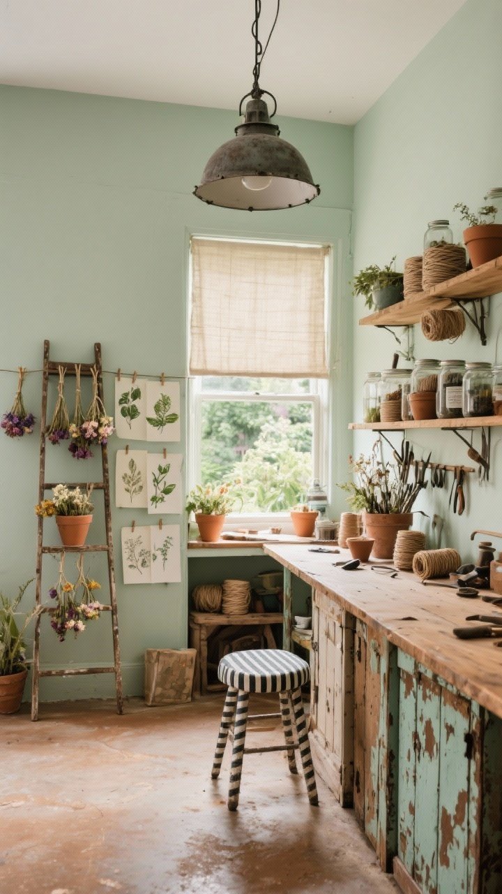Workshop wide shot: Garden atelier with sage-limewash walls and a clay-wash concrete floor; worktable made from reclaimed doors splattered with creative patina; open shelving filled with jars and tools, twine spools, terra-cotta pots; vintage ladder displaying drying flowers; stripe ticking stool for seating; botanical sketches clipped to a line; large industrial pendant and a sunny window with a linen shade filling the space with natural light; photorealistic, creative clutter.