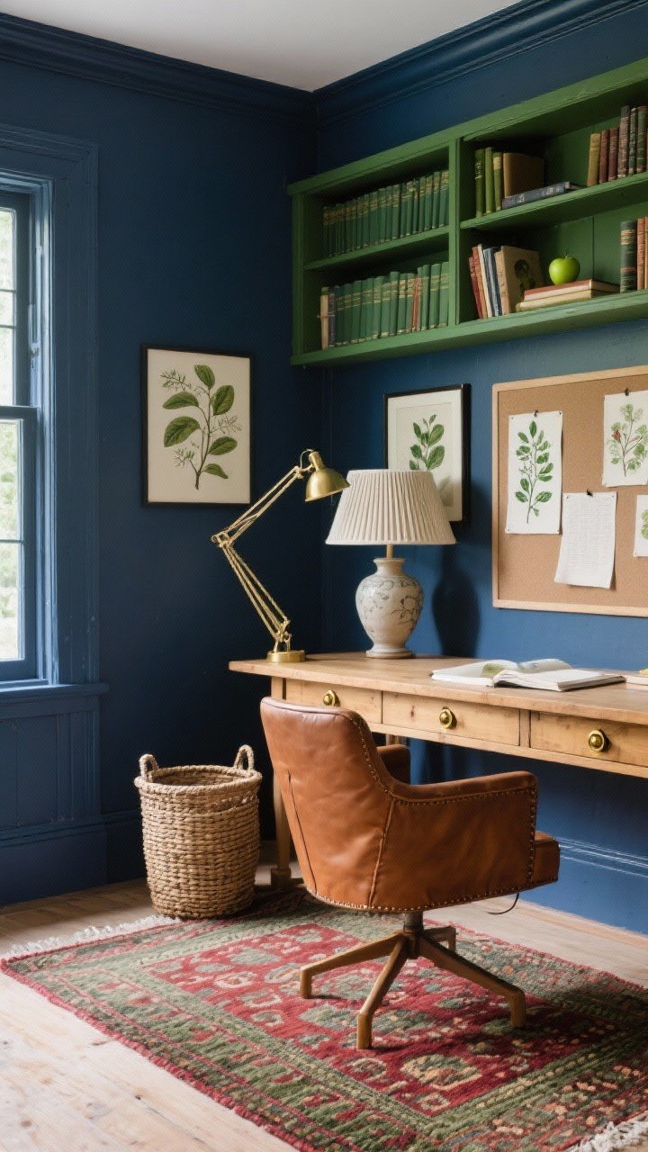Writer’s den medium shot: Orchard study with ink-blue walls and apple-green bookcase interiors; warm tobacco leather chair beside a scrubbed pine desk with brass pulls; patterned wool rug in cranberry and moss; woven wastebasket and ceramic lamp with a pleated shade on the desk; botanical prints and a linen pinboard; adjustable brass task lamp angled for late-night ideas; matte paint texture visible.