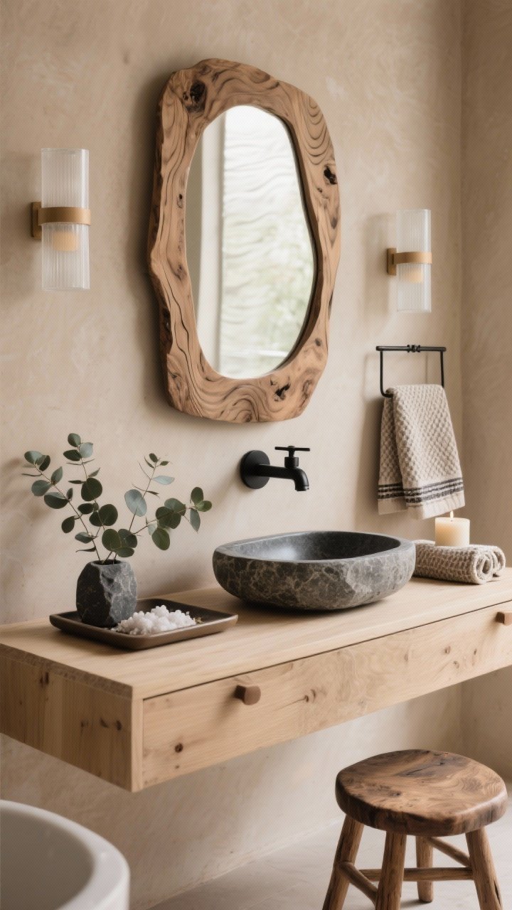 Closeup detail, Japandi bath retreat: A carved elm mirror with subtle ripples above a pale oak vanity with a stone vessel sink and a black wall-mounted faucet. Matte tadelakt-style clay beige walls, linear sconces with frosted shades emitting soft, even light. On a shallow tray beneath the mirror: eucalyptus sprigs and bath salts; Turkish towels nearby with a waffle robe edge visible, and a cedar stool holding rolled towels and a candle. Palette of clay beige, pale oak, charcoal black, river stone gray. Photorealistic, tight framing on textures.