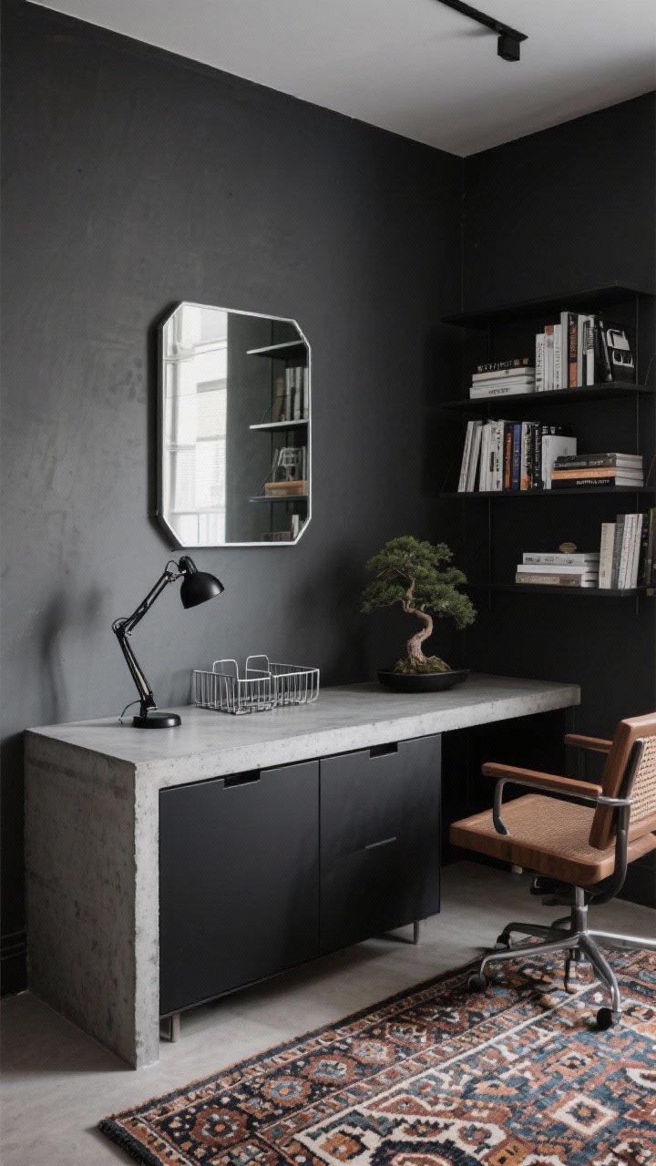 Corner-angle medium shot of a modern industrial home office with charcoal walls and a slab-style concrete desk. A square steel-framed mirror hangs low above a black flat-front credenza, reflecting a styled bookshelf vignette with neatly stacked design books and a single bonsai. Add a patterned kilim rug under the desk, a matte-black pivot-arm task lamp on the desktop, and wire tray organizers. Palette: charcoal, graphite, steel, espresso wood. Moody, sharp lighting with controlled highlights, photorealistic.