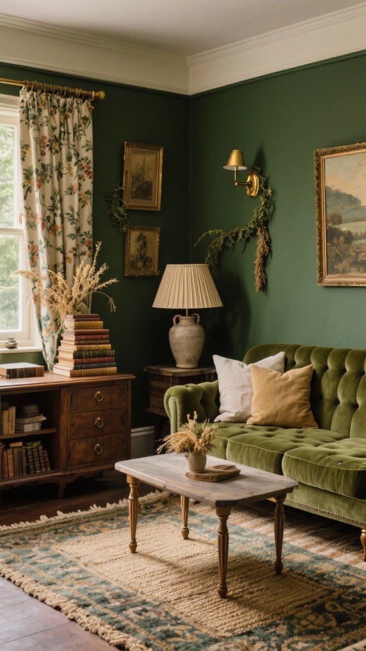 Corner-angle medium shot of an English country-inspired study: walls in deep forest green with wheat-toned accents; tufted moss velvet sofa, spindle-leg coffee table, antique-style sideboard; layered rug moment with a sisal base and patterned wool rug on top; checkered or floral drapes, linen pillows in wheat and ivy; brass picture lights over art, stacks of cloth-bound books, dried botanicals in a stoneware jug; finished with aged brass hardware and a pleated shade table lamp, warm and inviting, photorealistic.