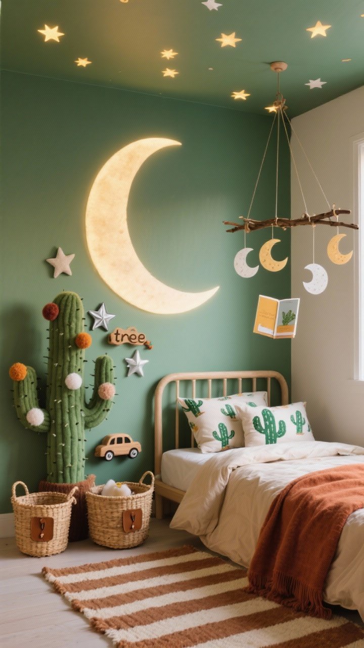 Corner medium shot of a playful kids’ room under soft evening glow: wall behind the bed painted with a half-moon arc in cactus green, ceiling dotted with stick-on glow stars; petite felt saguaro as the “tree,” decorated with pom-poms, tin stars, and tiny wooden car ornaments; striped flatweave rug in cinnamon and cream on the floor; bedding with soft oatmeal duvet, cactus-print pillowcases, rust throw; rattan baskets labeled with leather tags; paper-mache moons hanging from a twig mobile over a small reading corner, photorealistic, whimsical.