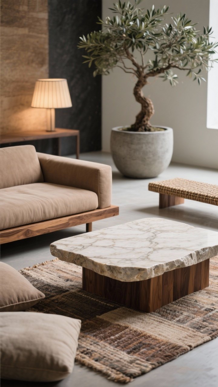 Detail closeup, earthy zen materials and textures: low walnut platform sofa in mushroom-toned upholstery edge; stone slab coffee table surface with subtle veining; hand-knotted rug in muted earth tones beneath; floor cushions and a woven bench blurred in background; large bonsai or olive tree in a concrete planter; soft, diffused illumination from rice-paper lamps; palette mushroom, olive, clay, charcoal; tranquil, natural light emphasizing grain and stone texture.