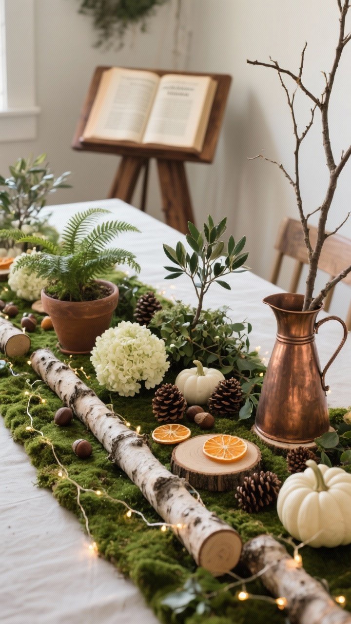 Detail closeup, low angle focusing on textures for Woodland Gratitude Nook: mossy green runner with a line of birch logs/wood slices as natural risers; potted ferns, small olive trees, and trailing live ivy; pinecones, acorns, and dried orange slices interspersed; cream hydrangeas and small white pumpkins providing contrast; micro-string lights woven through branches creating warm pinpoints; an open family Bible on a wood stand softly lit, with a simple copper pitcher holding long branches off to one side for height. Color palette: moss, espresso, cream, copper. Photorealistic, peaceful and earthy.