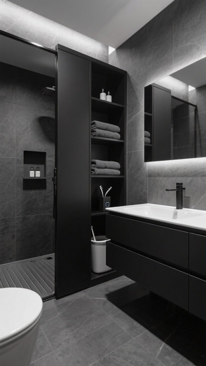 Detail closeup, low-angle: Modern monochrome wet room textures and storage—large-format charcoal porcelain walls and floor with a linear drain; a matte black wall-mounted vanity with two deep drawers and internal dividers slightly open; a seamless, flush push-to-open recessed full-height cabinet door matching the wall, ajar to reveal shelves with neatly stacked charcoal towels, a pull-out laundry bin, and a slim charging station for razors integrated into the door frame; black metal-ledged shower niches with minimal bottles; a recessed toilet brush cubby; crisp white accents and integrated lighting from a frameless medicine cabinet creating sharp highlights and invisible lines.