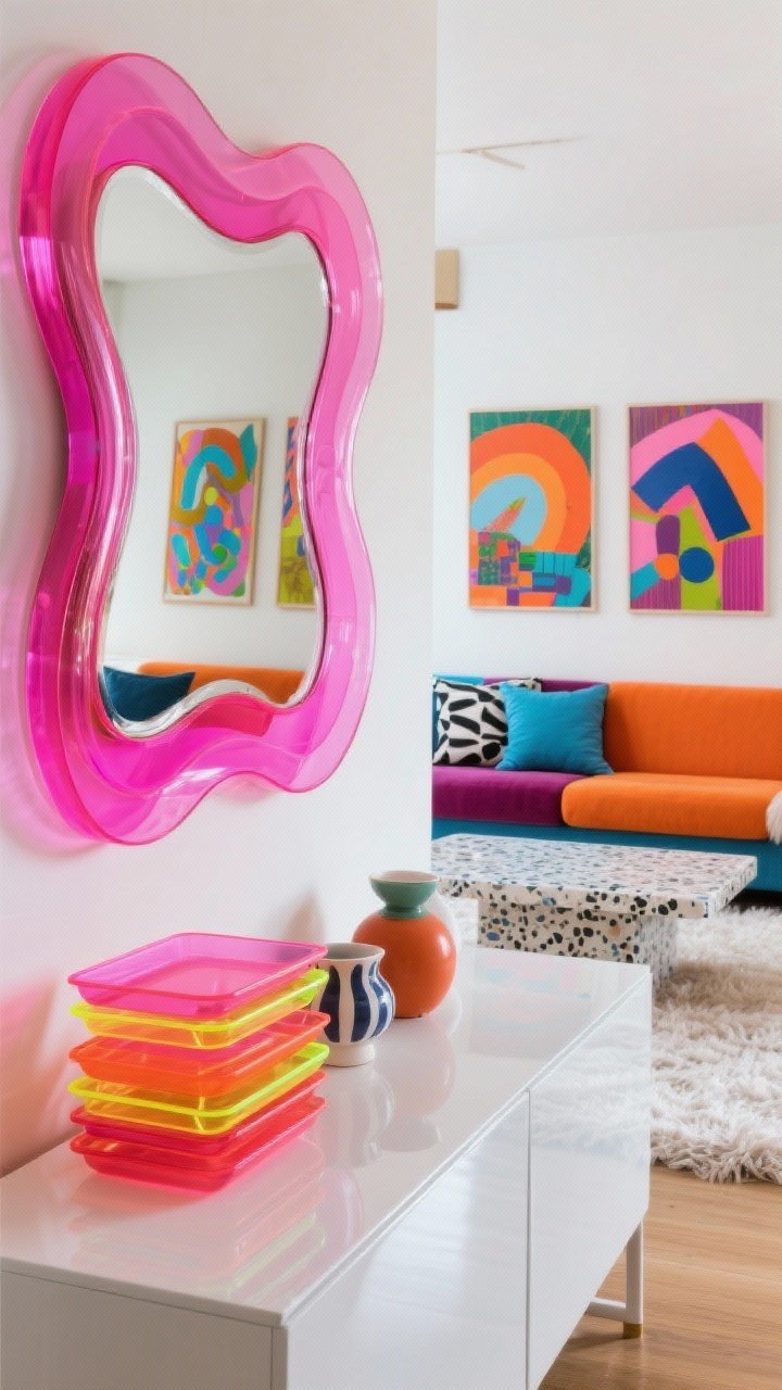 Detail closeup, Maximalist color pop: a wavy, candy-colored lucite mirror with saturated frame mounted above a glossy white console; the mirror reflects bold oversized print art and punchy hues; on the console, a stack of neon acrylic trays and playful ceramics; in soft blur behind, a color-block sofa with graphic pillows and a terrazzo coffee table, shag rug texture visible; palette of fuchsia, tangerine, cobalt, white; vibrant gallery-meets-lounge energy, photorealistic, straight-on close framing.