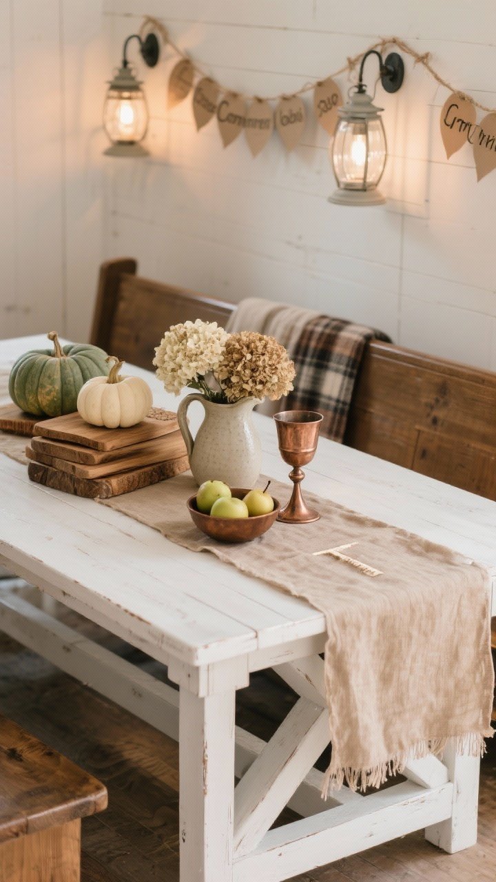 Detail closeup, overhead perspective, “Farmhouse Communion Table”: whitewashed trestle communion table styled with an oatmeal linen runner layered under a gauzy soft-cinnamon runner; still-life arrangement of stacked wooden bread boards, a ceramic pitcher holding dried hydrangeas, hammered copper chalices, and bowls of apples and pears; heirloom pumpkins in muted green and cream tucked in subtly; background hints of plaid throws in muted tones over front pews and a simple twine garland with paper leaves stamped with gratitude words; warm glow from lantern-style sconces or milk-glass pendants; intimate, hospitable farmhouse feel, photorealistic texture emphasis on linen weave, copper patina, and wood grain
