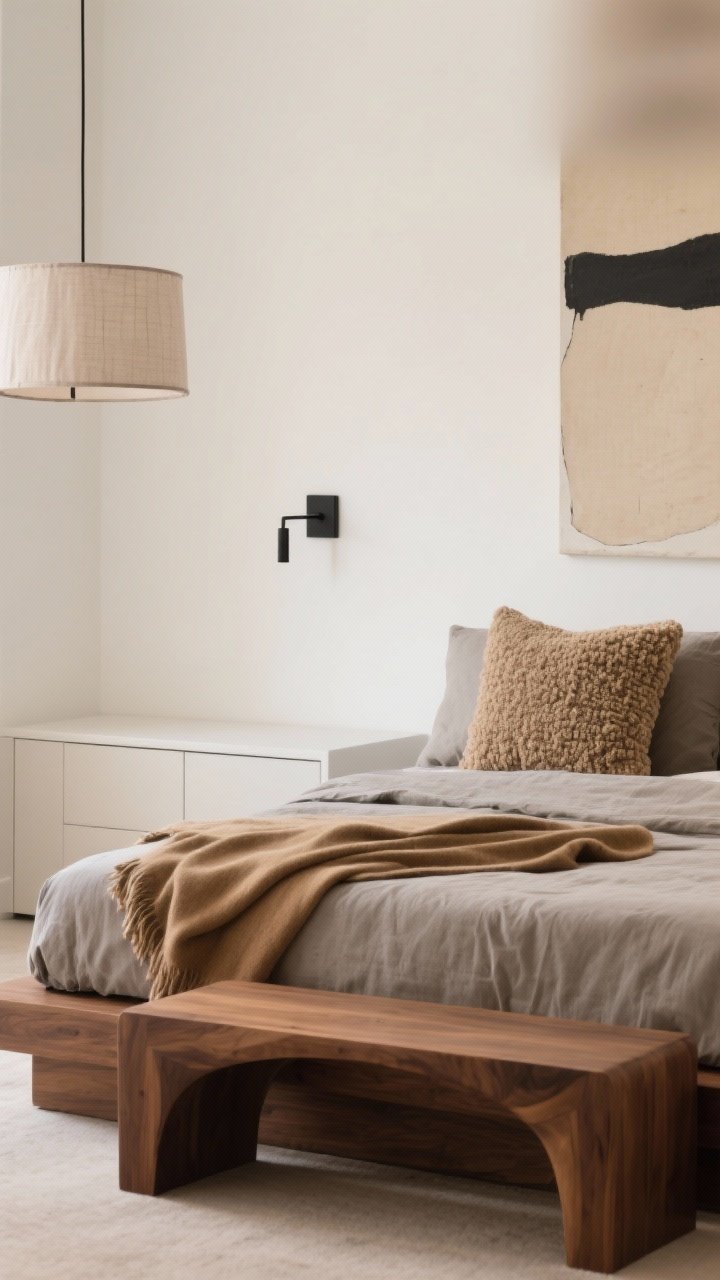 Detail closeup, photorealistic: Modern Minimal Warm-Up textures and tones. Focus on the foot of a low warm-walnut platform bed with tone-on-tone layers: stone-colored duvet, camel throw, and boucle accent pillows. A sculptural bench in front of the bed. In the soft, warm white room, a slim black sconce and the edge of a linen drum pendant appear softly out of focus. A floating cabinet keeps the surface clear; a glimpse of a single oversized beige-and-charcoal abstract canvas on the wall. Minimal, serene lighting.