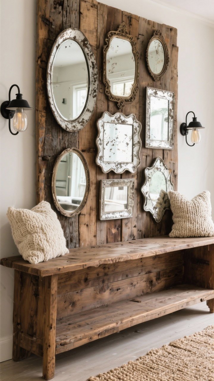 Detail closeup, Rustic farmhouse mirror gallery: a layered cluster of vintage mirrors—oval, rectangular, scalloped—with foxed glass and chipped silvering above a reclaimed walnut-toned wood console; textures of worn wood grain and aged patina in focus; flanking black metal sconces softly illuminating, hints of a jute rug edge and chunky knit pillows in oatmeal and cream at the frame’s periphery; cozy, collected feel, photorealistic, shallow depth of field.