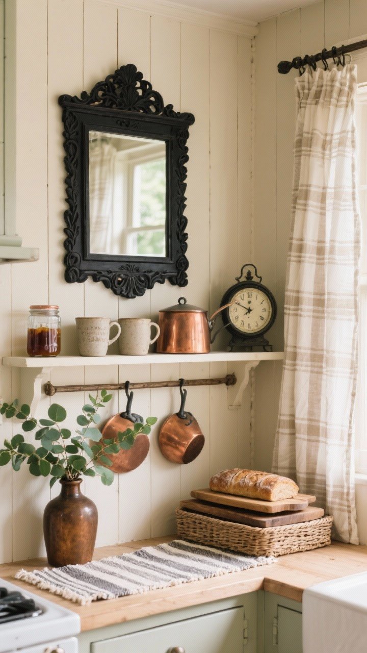 Detail closeup, slightly angled: A rustic cottage kitchen nook vignette showing creamy shiplap and a beadboard-backed wall shelf. The Black Carved Wood Mirror hangs above the shelf. On the shelf: copper pots, stoneware mugs, jam jars, and a stack of bread boards. Checked linen cafe curtains filter soft light. A vintage-style enamel clock peeks into frame. A hand-loomed striped runner and a wicker demijohn filled with eucalyptus add texture and green. Palette: cream, oat, copper, leafy green, black accents. Photorealistic, cozy textures.