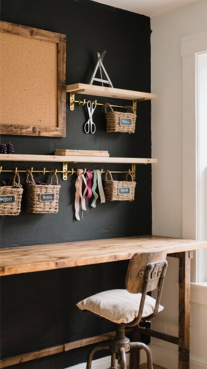 Detail craft room wall: rich blackberry jam accent wall contrasted with warm white adjacent walls; open shelving with labeled baskets and cubbies, brass peg rail hooks holding scissors and ribbons; pine worktable edge in frame with a corkboard framed in raw wood above; vintage drafting stool with a linen cushion peeking in, inspiring moody light, closeup texture-focused shot.