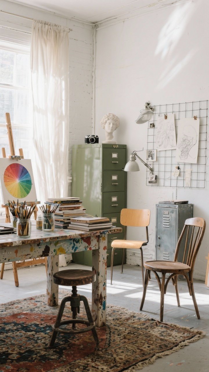 Detail-oriented medium studio scene, photorealistic, soft natural light: An art school studio with chalky white walls, sun splashes, and a large easel near a window. A paint-splattered farmhouse table doubles as a desk with jars of brushes, stacks of sketchbooks, and a color wheel visible. Seating is mismatched—an architect’s stool, a mid-century chair, and a flea-market bentwood chair. Vertical storage includes an army-green flat file cabinet, wire grid panels clipped with inspiration, and a metal locker. A threadbare Turkish rug and gauzy curtains fluttering gently; accents like vintage cameras, plaster busts, and clip lamps.