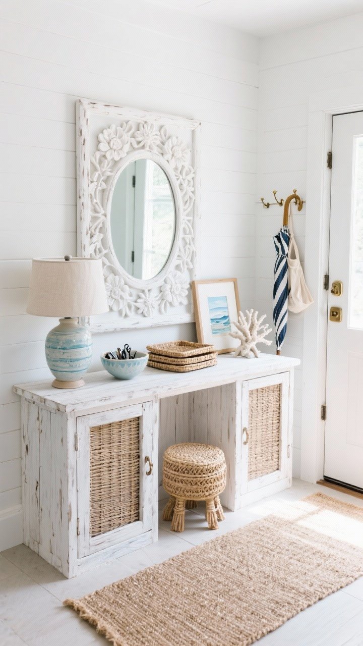 Detail/overhead hybrid, coastal entryway vignette: A whitewashed floral-carved mirror over a bleached wood slatted console with cane doors. On the console: a ceramic lamp with a linen shade, a bowl for keys, stacked woven trays, a coral sculpture, and framed coastal sketches leaning. Below, a small seagrass stool; underfoot a jute runner. At the side, a striped umbrella stand and a brass hook rail with tote bags. Palette of white, driftwood, sea salt blue, soft sand; bright, breezy daylight. Photorealistic, slightly elevated angle.