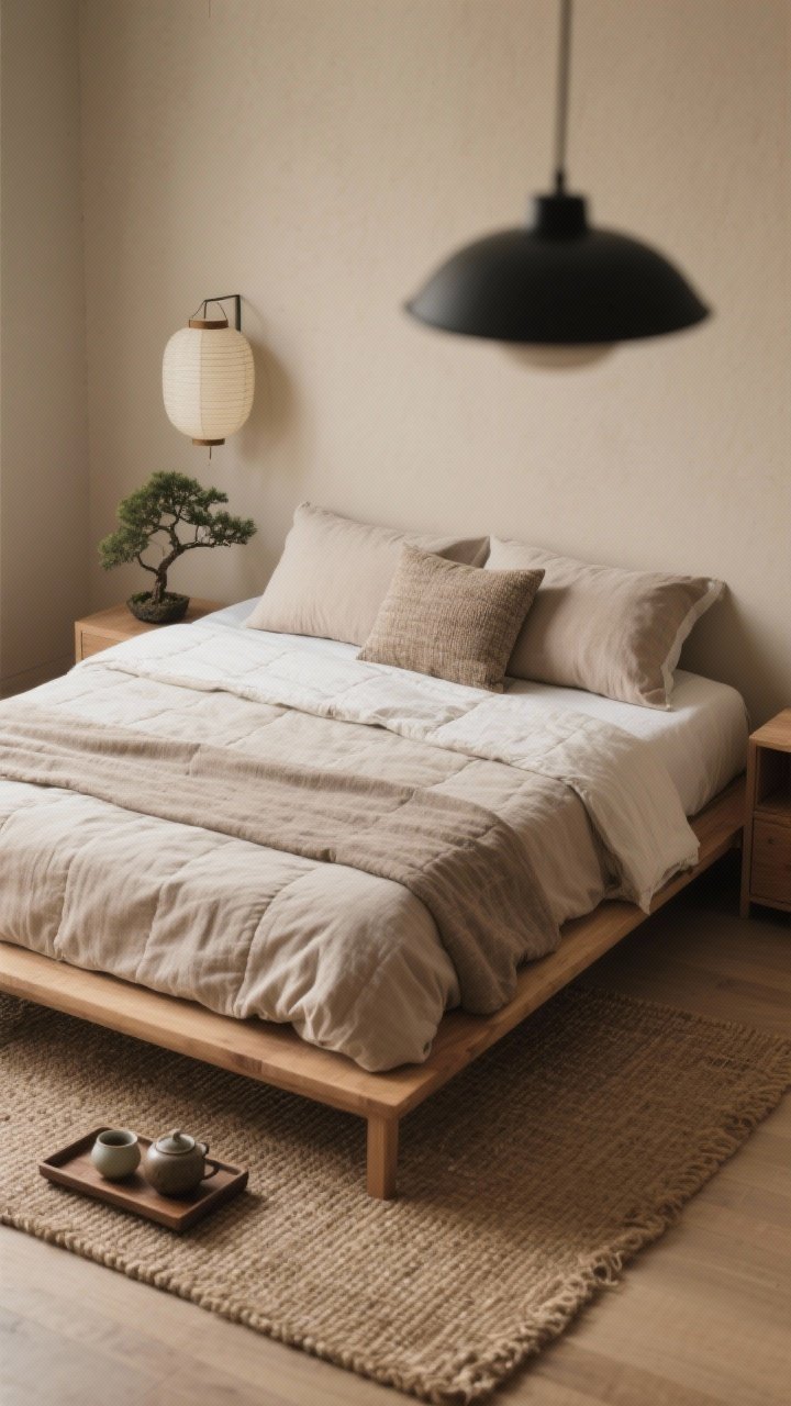 Detail overhead shot, photorealistic: Japandi Zen Layers bedding vignette on a low oak bed against warm greige walls. Stone-washed linen in mushroom, a thin quilt, and a textured lumbar pillow arranged with calm symmetry. Tatami-style or flatweave jute rug frames the composition. Edge of a rice paper sconce and simple black pendant visible in soft blur. Minimal decor: a bonsai and a ceramic tea set on a tray; hidden storage lines remain unobtrusive. Soothingly simple, intentional textures.